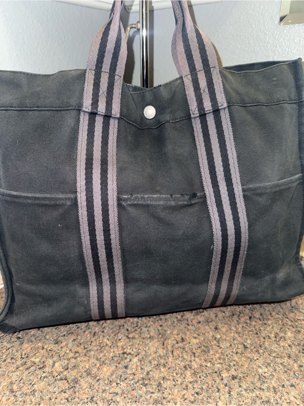Hermes Black Canvas Tote with Striped Webbing Handles pre loved